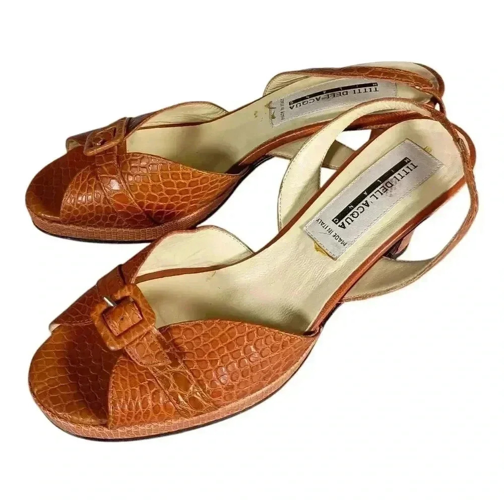 Titti Dellacqua Peep Toe Slingback Sandal Cognac Brown Leather Alligator 8-8.5
